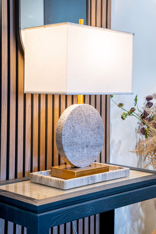 Taupe Marble Table Lamp with Linen Shade