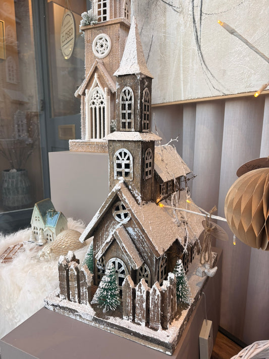 Snow Covered Chapel with LED Lights