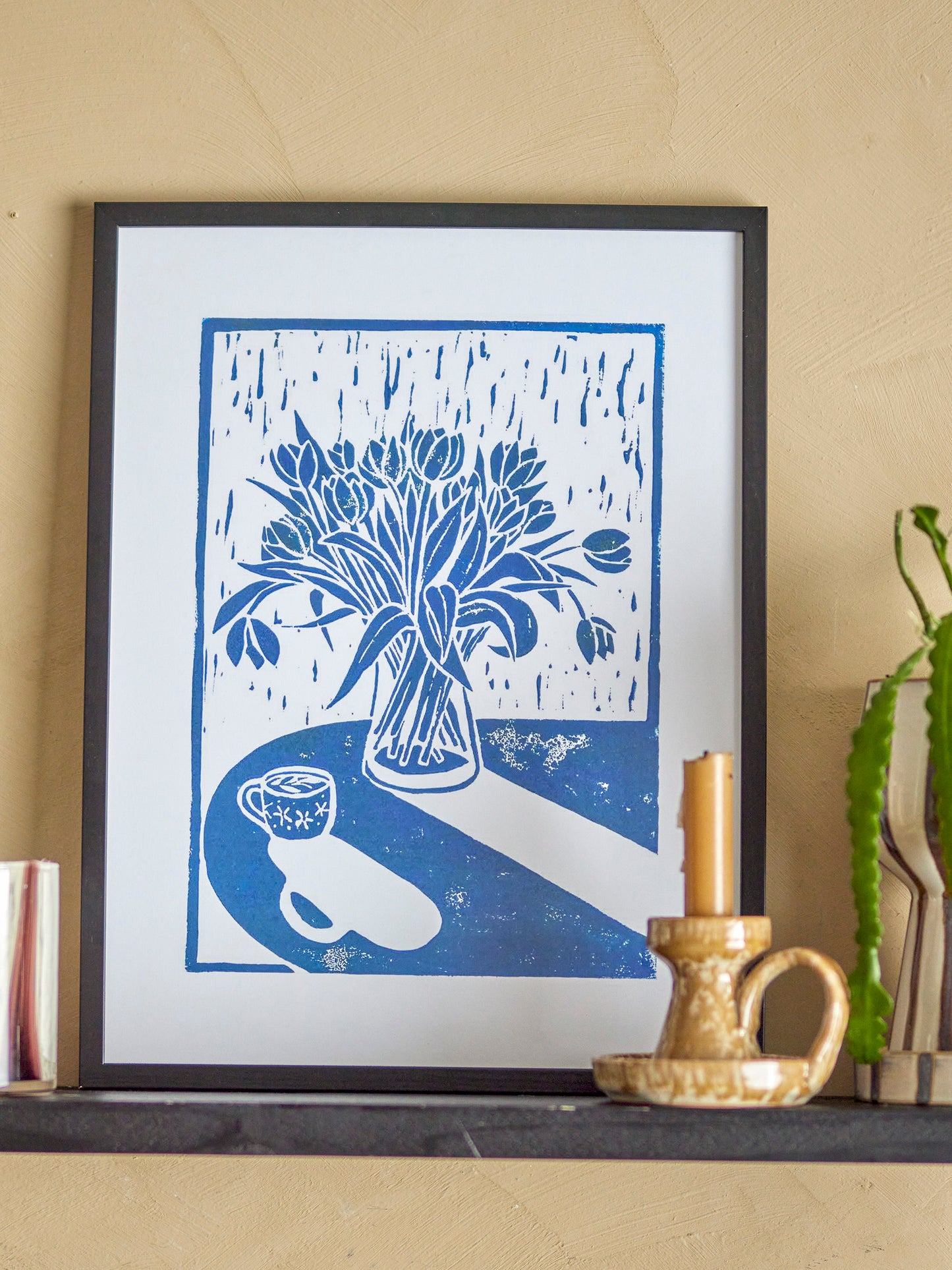Tulips framed illustration W32 x H42cm (blue)