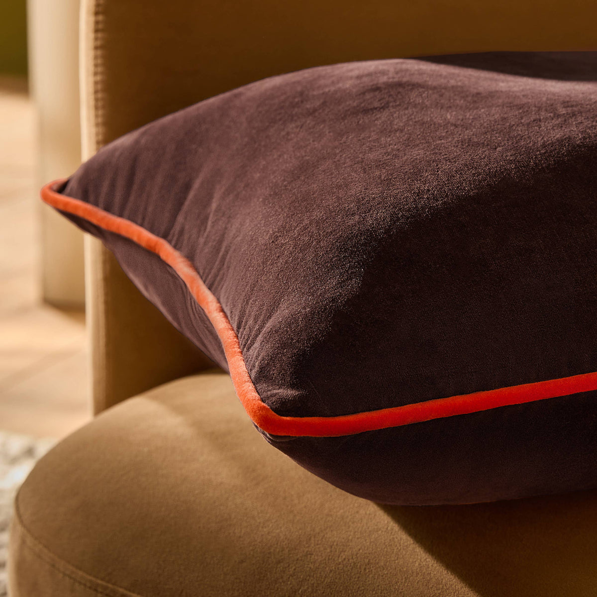 Bailey Brushed Cotton Velvet Cushion Chocolate/Orange: Chocolate/Orange / Feather Filled / 50 x 50cm