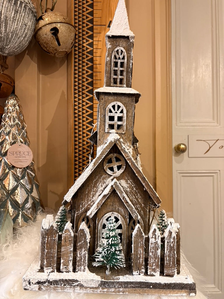 Snow Covered Chapel with LED Lights