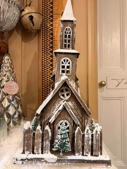 Snow Covered Chapel with LED Lights