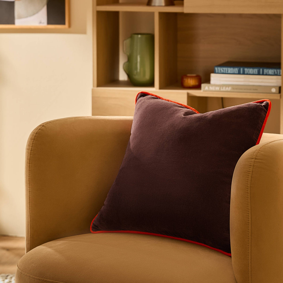 Bailey Brushed Cotton Velvet Cushion Chocolate/Orange: Chocolate/Orange / Feather Filled / 50 x 50cm